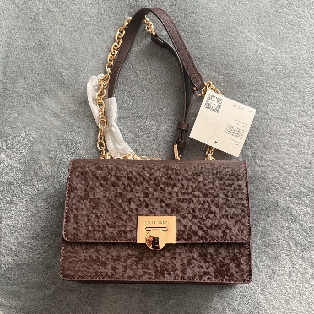 Anne Klein Dark Brown Crossbody Bag with Gold Chain